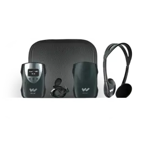 Personal FM Listening System kit includes receiver, transmitter, wearable microphone, and headphones
