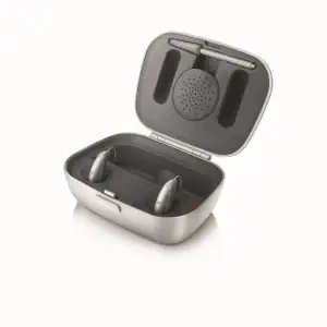 Unitron Moxi Charger Case in silver for moxi hearing aids