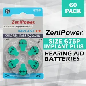 zenipower size 675 cochlear implant batteries (60 pack)