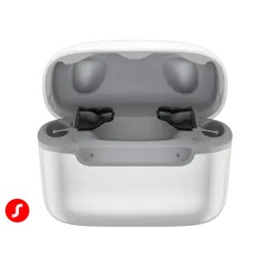 insio charge&go IX CIC hearing aids in black sitting in charging case