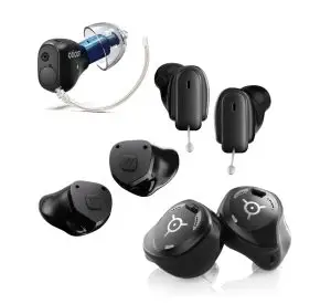 different ite hearing aids on a white background, widex allure ITE, Phonak Virto R, Signia Insio IX, Oticon Zeal
