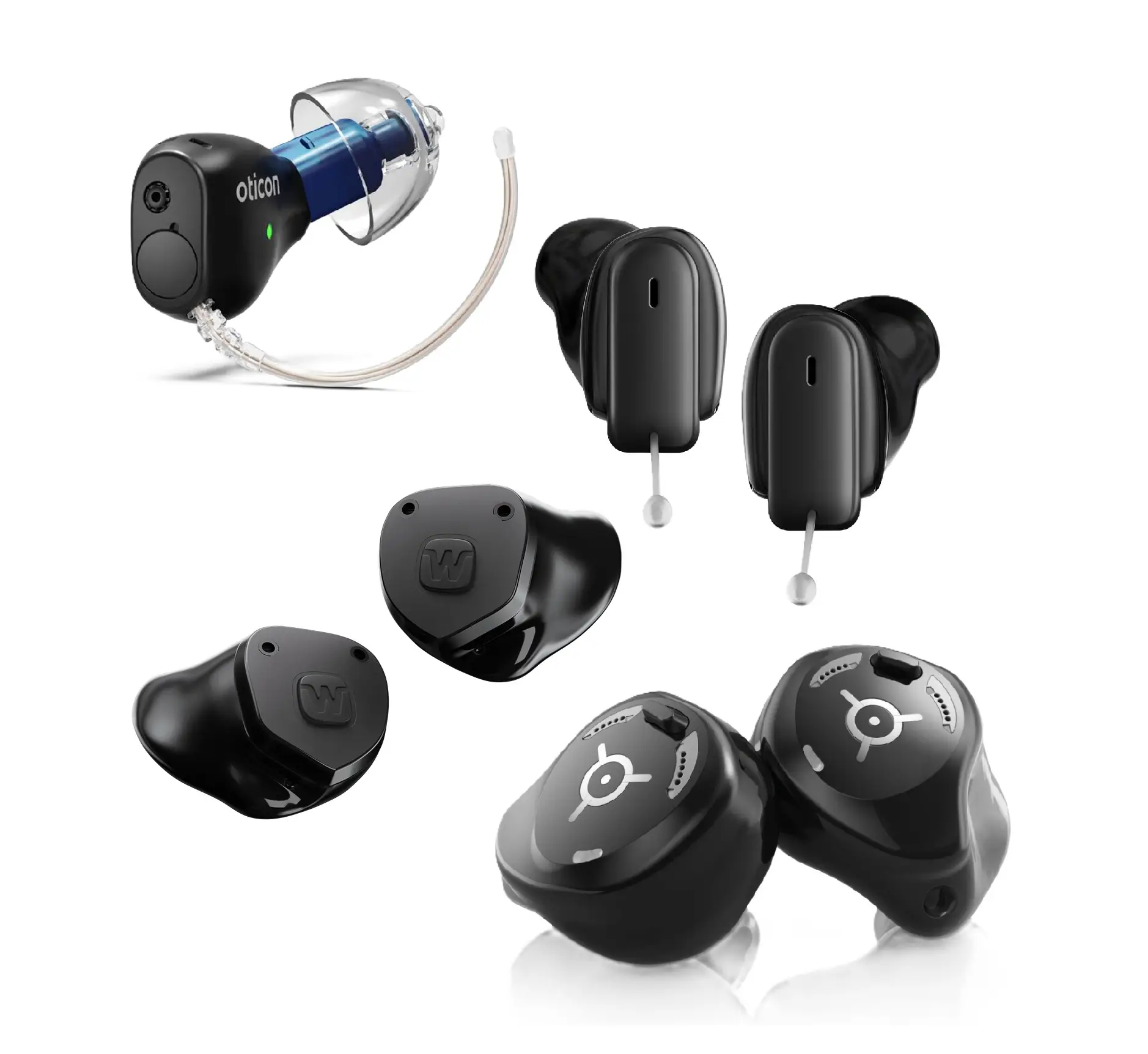 different ite hearing aids on a white background, widex allure ITE, Phonak Virto R, Signia Insio IX, Oticon Zeal